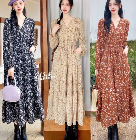  交叉V領腰綁口袋花花洋裝