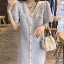 V領撞色小香短洋