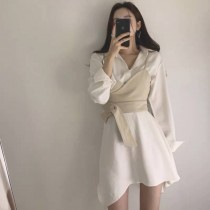 不規則滑布襯衫加細肩胸綁小背心