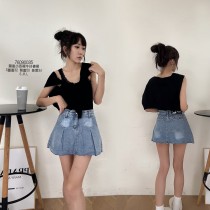  顯瘦小百褶牛仔褲裙