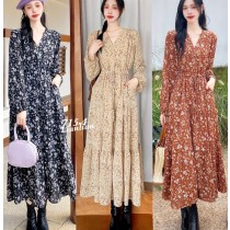  交叉V領腰綁口袋花花洋裝